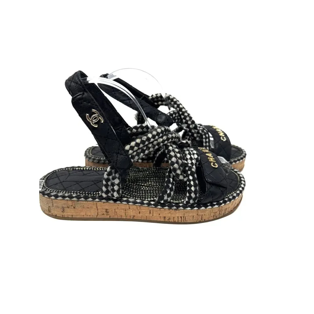 Chanel Cord Sandals Black White Quilted Lambskin Leather CC Logo Flats 6.5